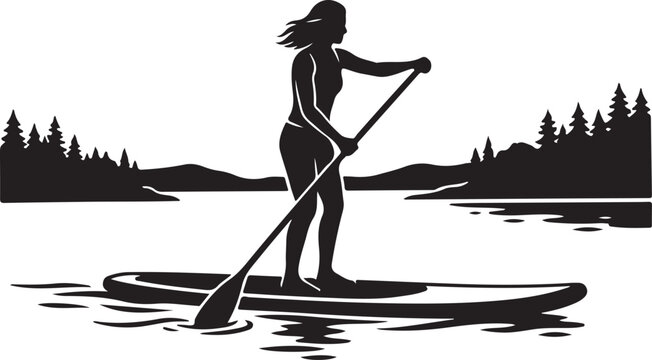 Stand up paddleboard, woman silhouette, lake landscape, outdoor recreation vector