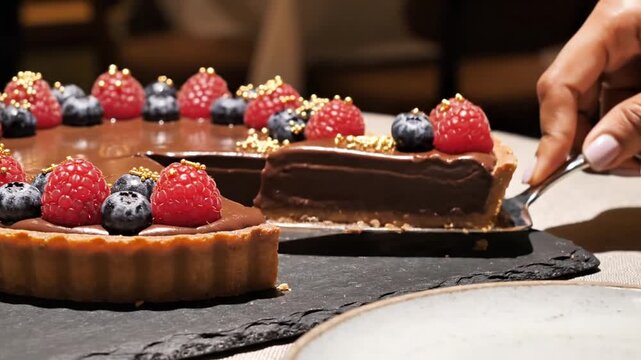 Gourmet chocolate ganache tart garnished with fresh raspberries and blueberries being sliced