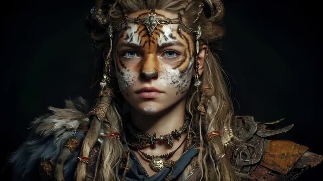 Fantasy wallpaper. A detailed digital artwork depicts a female character with a fierce expression. Her face is painted with a tigerlike pattern of orange and black, resembling a tigers eye.