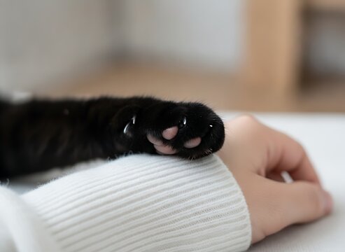 A closeup of a black cats paw resting gently on a persons wrist wearing a white sweater, showing soft toe beans and tiny claws in a tender moment of connection