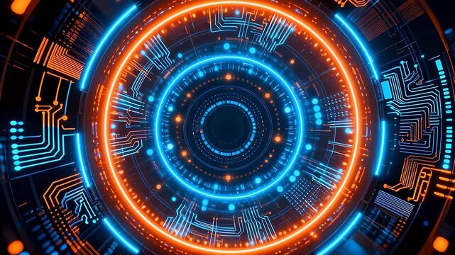 Futuristic circuit tunnel with glowing lights
