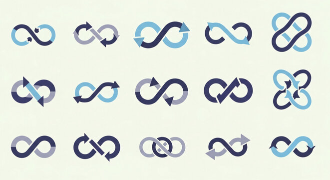 Collection of infinity loop symbols and arrows in various shades of blue.