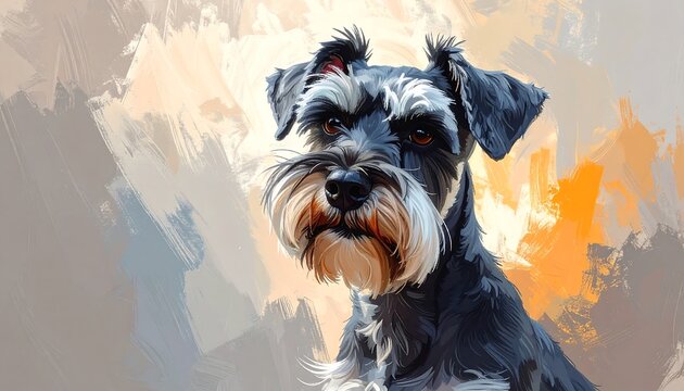 Digital painting of a medium-sized dog with a distinctive beard and eyebrows, set against an abstract backdrop of warm, textured brushstrokes