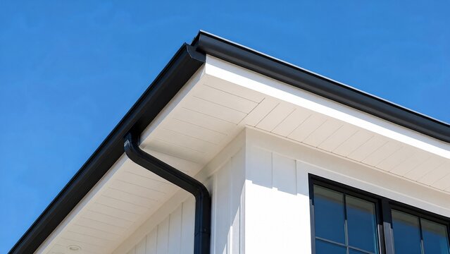 Clean white soffit board under eaves contrasting with dark rain gutter.