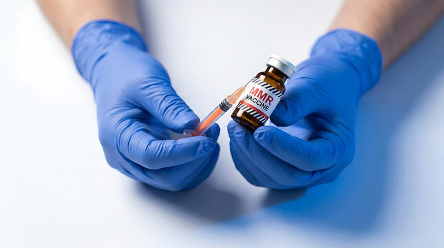 Healthcare Worker Preparing MMR Vaccine Injection with Vial & Syringe for Measles, Mumps & Rubella