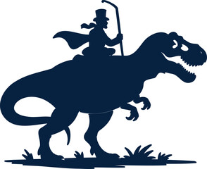 A stylized silhouette of a historical figure wearing a top hat riding a Tyrannosaurus Rex dinosaur © Heramone