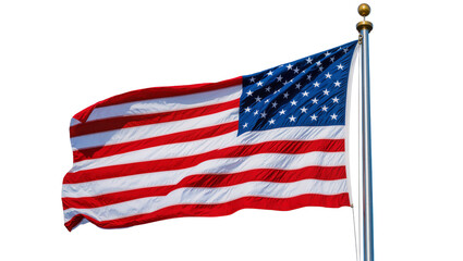 Obraz premium Waving American flag with red and white stripes and blue field with stars, isolated on transparent background