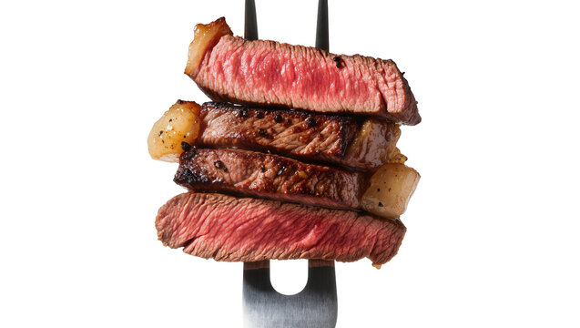 Stack of four medium-rare steak slices pierced by a fork, isolated on transparent background