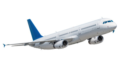 Fototapeta premium Modern white passenger jet airplane with blue tail, isolated on transparent background