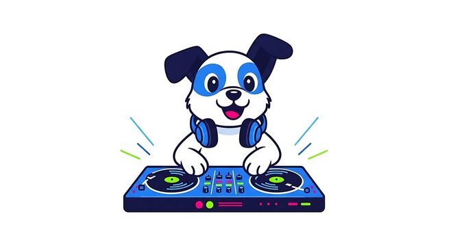 Animated canine DJ with blue accents, wearing headphones, and mixing on a turntable setup. Energetic, fun design