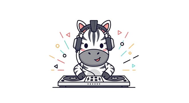 Animated zebra in DJ headphones, mixing music on turntables. Colorful shapes surround. Vector illustration, playful