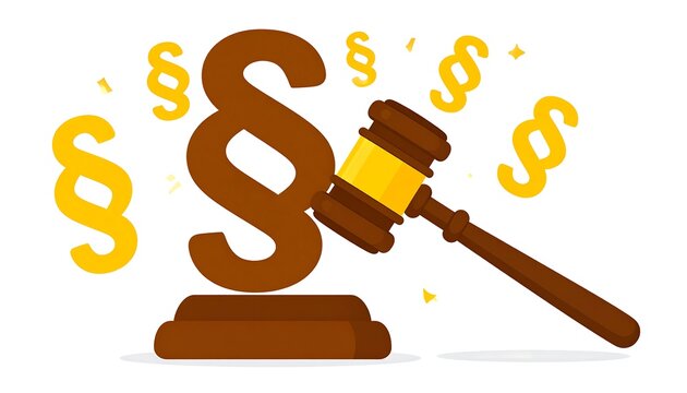 A brown paragraph symbol on a stand with a gavel resting on it surrounded by yellow paragraph symbols