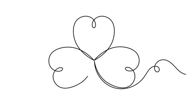 Three leaves clover sign continuous one line art drawing on white background minimalist good luck floral symbol 4k animation video