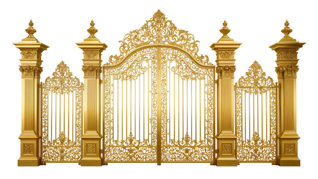 Ornate golden wrought iron gate with decorative columns, isolated on transparent background
