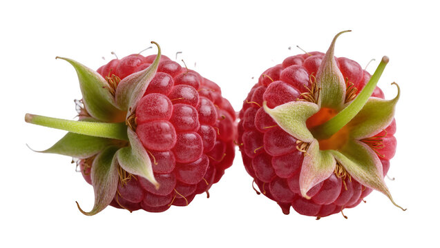Two ripe red raspberries with green leaves, isolated on transparent background