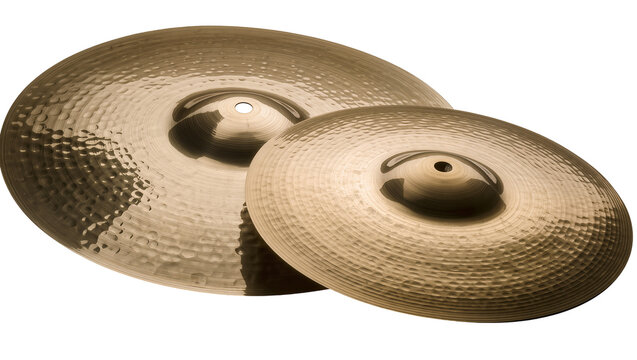 Hammered bronze cymbals with textured surfaces, isolated on transparent background