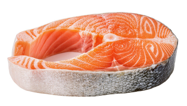 Thick raw salmon steak with visible white fat marbling, isolated on transparent background