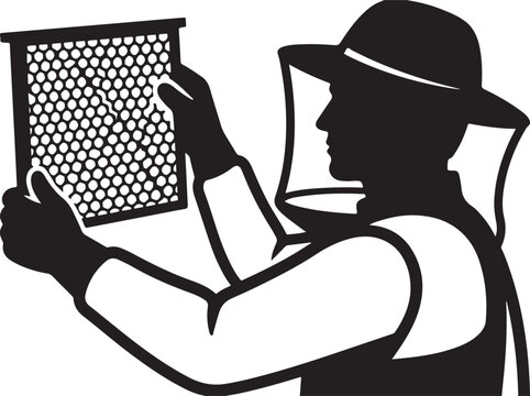 Beekeeper, bee hive frame, apiarist, beekeeping, silhouette, black and white, vector