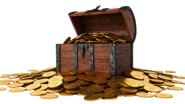 Antique wooden treasure chest overflowing with gold coins, isolated on transparent background