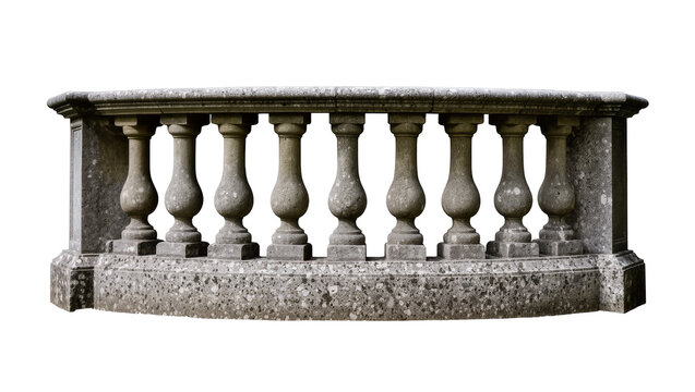 Curved stone balustrade with ornate balusters, isolated on transparent background