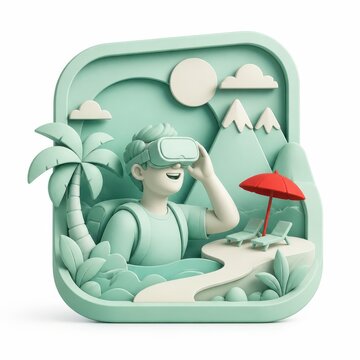 Virtual reality vacation concept with person exploring tropical beach scene in immersive 3D illustration