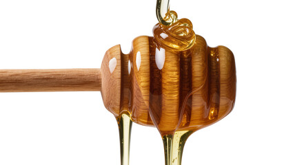 Golden honey dripping from wooden dipper, isolated on transparent background © Maria