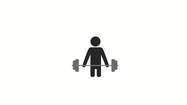 Animated illustration of training lifting a barbell containing weights while lowering it. Cartoon concept of exercising.