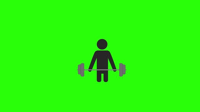 Animated illustration of training lifting a barbell containing weights while lowering it. Cartoon concept of exercising.