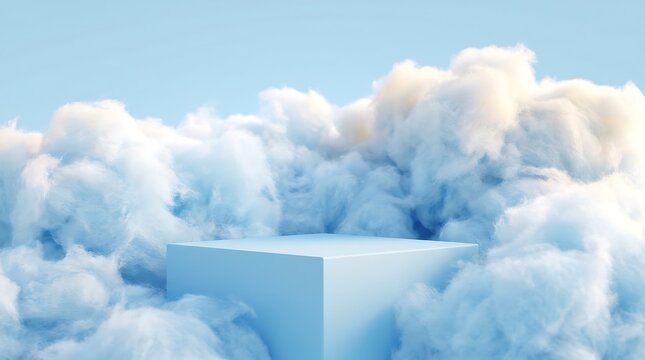 Empty light blue product display podium surrounded by fluffy clouds