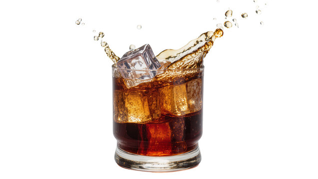 Dark cola splash with ice cubes in a glass, isolated on transparent background