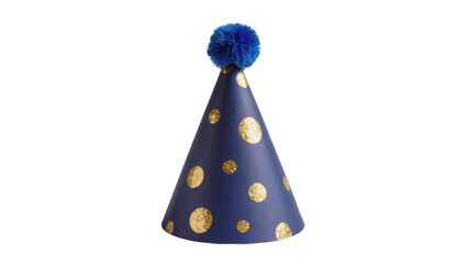 Dark blue polka dot party hat with blue pom-pom, isolated on transparent background © Maria