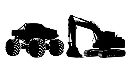 Monster Truck and Excavator Silhouette Vector © Dongane