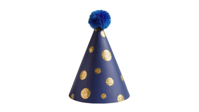 Dark blue polka dot party hat with blue pom-pom, isolated on transparent background