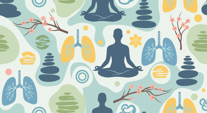 Seamless pattern with meditation, yoga poses, and health-related icons.