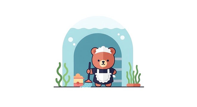 An illustration depicting a bear character, dressed as a maid, cleaning a structure resembling a cave or igloo. The background shows plants and water