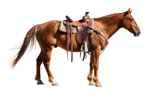 Brown horse with western saddle, isolated on transparent background