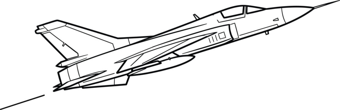 Black and white line of a fighter jet in flight, angled to the right airplane aircraft military plane