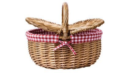 Obraz premium Woven wicker picnic basket with red gingham lining and bow, isolated on transparent background