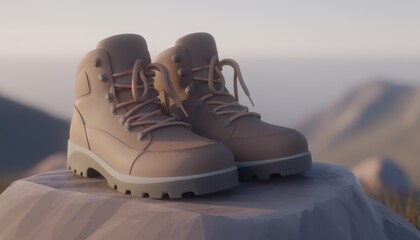 Naklejka premium Realistic Hiking Boots on a Rock with Scenic Mountain Background for Outdoor Concepts and Adventure Themes