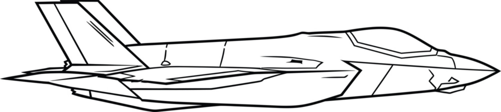 Black and white line of a fighter jet, side view airplane aircraft military line black and white