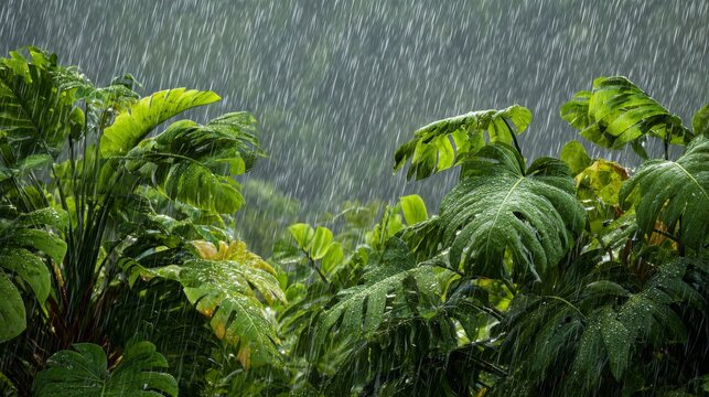 Tropical greenery drenched in a heavy downpour; leaves glistening as rain falls creating a serene and lush image