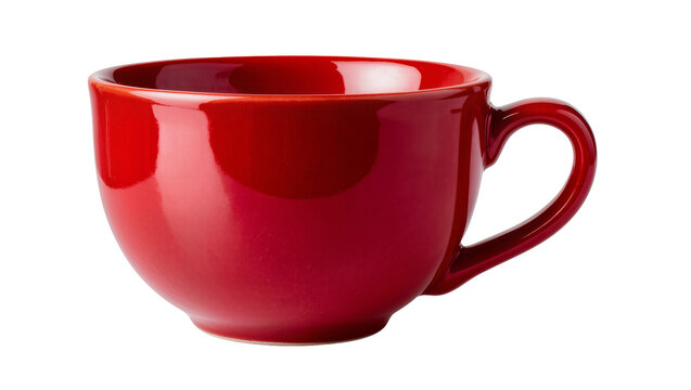 Shiny red ceramic soup mug with handle, isolated on transparent background