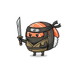 Animated sushi roll, resembling a ninja, holds a katana, with fierce expression, on a white background