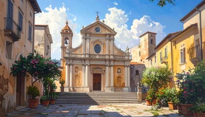 Fototapeta premium Digital painting of a sunlit Italian town square. A grand church is the focal point, framed by colorful buildings and lush plants