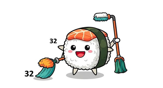 Cartoon sushi character with cheerful expression, using brooms. Cleanliness is a theme. White background