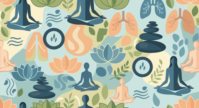 Seamless pattern featuring yoga and meditation symbols with lotus flowers and calming stones.
