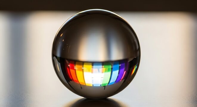 Colorful abstract glass ball reflection on dark background.