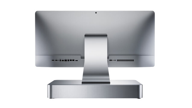 Brushed aluminum all-in-one computer with ports and stand, isolated on transparent background
