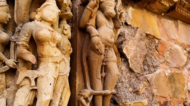 Khajuraho. Chaunsat Yogini Temple. Dedicated to the goddess Kali. Unesco World Heritage Siteing bas relief panorama, Lakshmana Temple, Khajuraho, India. Unesco World Heritage Site