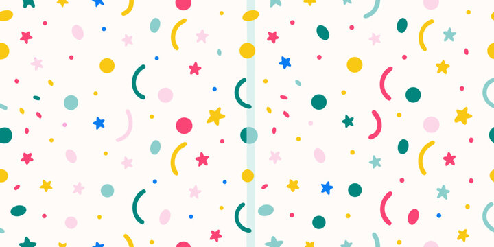 Colorful confetti pattern with scattered shapes and pastel tones